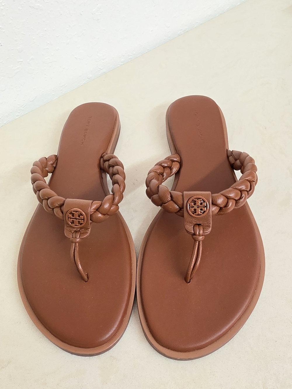 Tory Burch Braided Benton Thong Sandals Burnt Cuoio Leather Size 8
